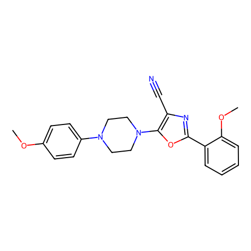 2-(2-methoxyphenyl)-5-[4-(4-methoxyphenyl)piperazin-1-yl]-1,3-oxazole-4-carbonitrile structure
