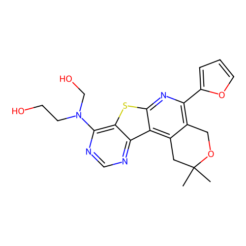 2-((5-(furan-2-yl)-2,2-dimethyl-2,4-dihydro-1H-pyrano[4'',3'':4',5']pyrido[3',2':4,5]thieno[3,2-d]pyrimidin-8-yl)(hydroxymethyl)amino)ethanol structure