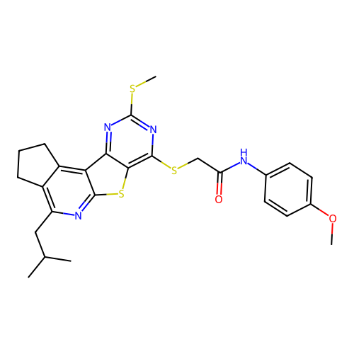 2-((4-isobutyl-9-(methylthio)-2,3-dihydro-1H-cyclopenta[4',5']pyrido[3',2':4,5]thieno[3,2-d]pyrimidin-7-yl)thio)-N-(4-methoxyphenyl)acetamide structure