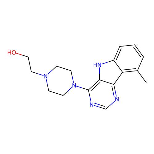 2-[4-(9-methyl-5H-pyrimido[5,4-b]indol-4-yl)piperazin-1-yl]ethanol structure