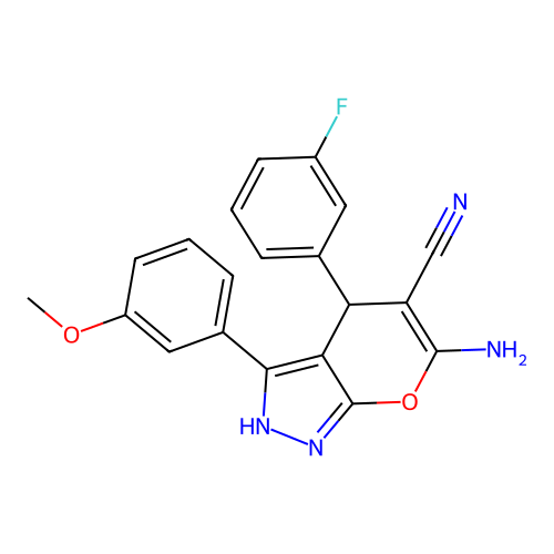 6-amino-4-(3-fluorophenyl)-3-(3-methoxyphenyl)-2,4-dihydropyrano[2,3-c]pyrazole-5-carbonitrile structure