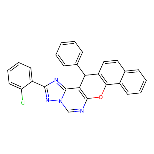 2-(2-chlorophenyl)-14-phenyl-14H-benzo[7,8]chromeno[3,2-e][1,2,4]triazolo[1,5-c]pyrimidine structure