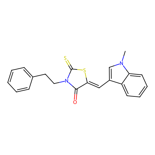 (Z)-5-((1-methyl-1H-indol-3-yl)methylene)-3-phenethyl-2-thioxothiazolidin-4-one structure