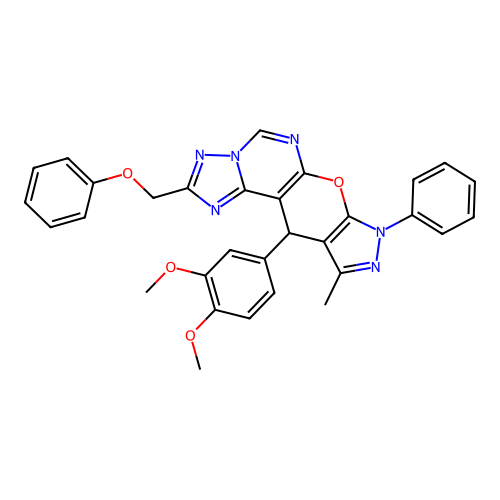 11-(3,4-dimethoxyphenyl)-10-methyl-2-(phenoxymethyl)-8-phenyl-8,11-dihydropyrazolo[4',3':5,6]pyrano[3,2-e][1,2,4]triazolo[1,5-c]pyrimidine structure