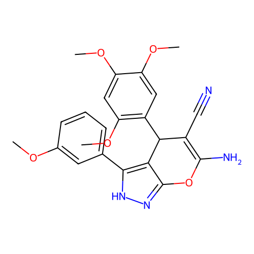 6-amino-3-(3-methoxyphenyl)-4-(2,4,5-trimethoxyphenyl)-2,4-dihydropyrano[2,3-c]pyrazole-5-carbonitrile structure