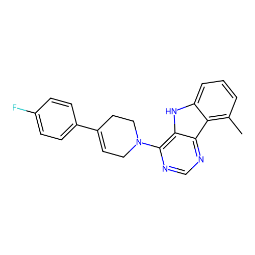 4-[4-(4-fluorophenyl)-3,6-dihydro-2H-pyridin-1-yl]-9-methyl-5H-pyrimido[5,4-b]indole structure
