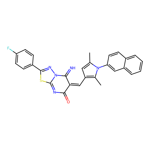 (E)-6-((2,5-dimethyl-1-(naphthalen-2-yl)-1H-pyrrol-3-yl)methylene)-2-(4-fluorophenyl)-5-imino-5H-[1,3,4]thiadiazolo[3,2-a]pyrimidin-7(6H)-one structure