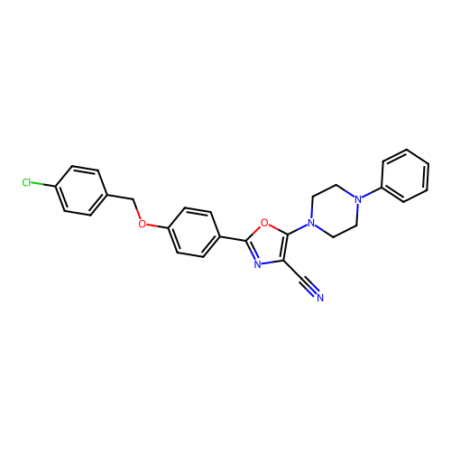2-[4-[(4-chlorophenyl)methoxy]phenyl]-5-(4-phenylpiperazin-1-yl)-1,3-oxazole-4-carbonitrile structure