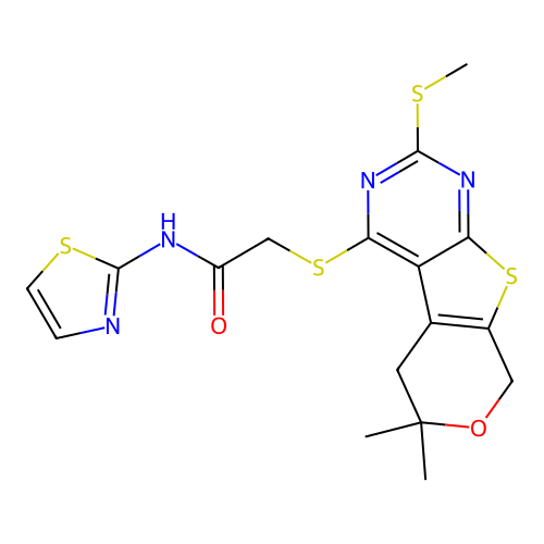 2-((6,6-dimethyl-2-(methylthio)-6,8-dihydro-5H-pyrano[4',3':4,5]thieno[2,3-d]pyrimidin-4-yl)thio)-N-(thiazol-2-yl)acetamide structure