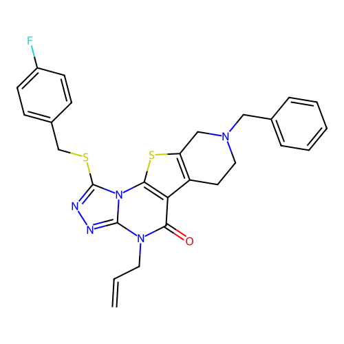 4-allyl-8-benzyl-1-((4-fluorobenzyl)thio)-6,7,8,9-tetrahydropyrido[4',3':4,5]thieno[3,2-e][1,2,4]triazolo[4,3-a]pyrimidin-5(4H)-one structure