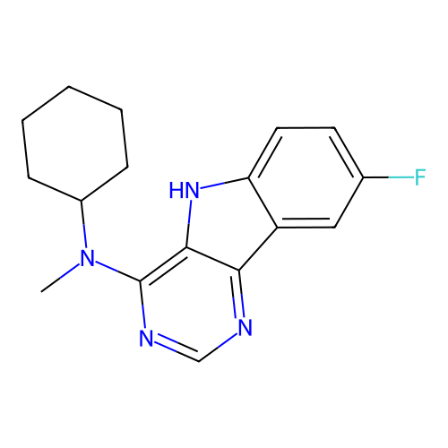 N-cyclohexyl-8-fluoro-N-methyl-5H-pyrimido[5,4-b]indol-4-amine structure