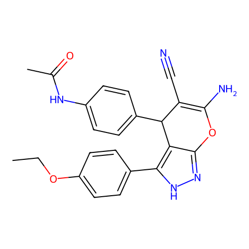 N-(4-(6-amino-5-cyano-3-(4-ethoxyphenyl)-1,4-dihydropyrano[2,3-c]pyrazol-4-yl)phenyl)acetamide structure