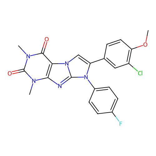 7-(3-chloro-4-methoxyphenyl)-8-(4-fluorophenyl)-1,3-dimethyl-1H-imidazo[2,1-f]purine-2,4(3H,8H)-dione structure