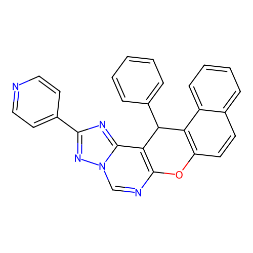 14-phenyl-2-(pyridin-4-yl)-14H-benzo[5,6]chromeno[3,2-e][1,2,4]triazolo[1,5-c]pyrimidine structure