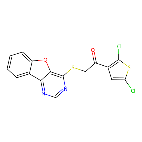 2-([1]benzofuro[3,2-d]pyrimidin-4-ylsulfanyl)-1-(2,5-dichlorothiophen-3-yl)ethanone structure