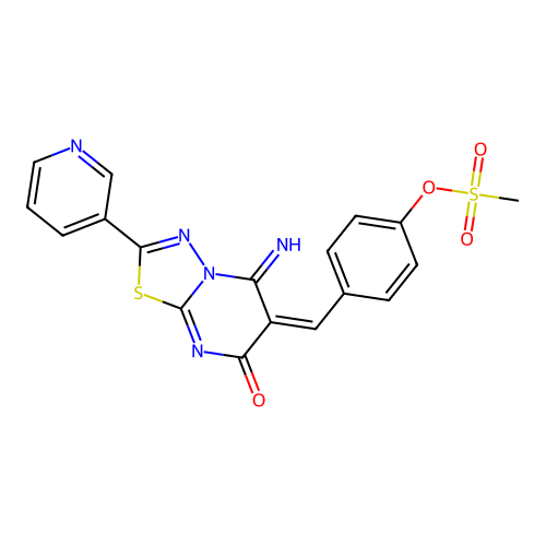 (E)-4-((5-imino-7-oxo-2-(pyridin-3-yl)-5H-[1,3,4]thiadiazolo[3,2-a]pyrimidin-6(7H)-ylidene)methyl)phenyl methanesulfonate structure