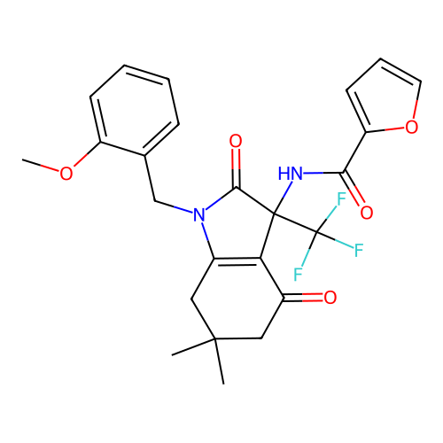 N-(1-(2-methoxybenzyl)-6,6-dimethyl-2,4-dioxo-3-(trifluoromethyl)-2,3,4,5,6,7-hexahydro-1H-indol-3-yl)furan-2-carboxamide structure