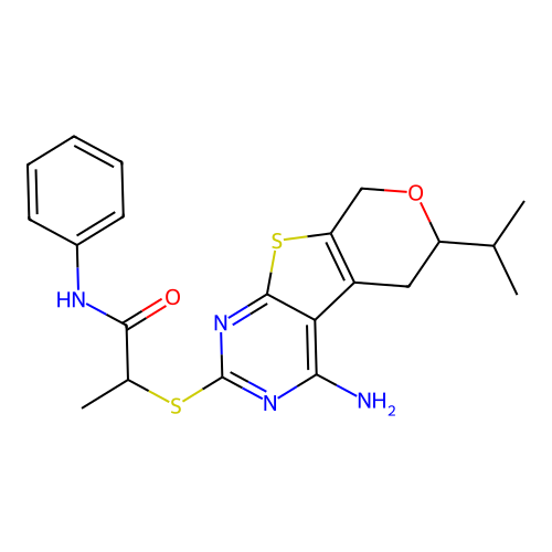 2-((4-amino-6-isopropyl-6,8-dihydro-5H-pyrano[4',3':4,5]thieno[2,3-d]pyrimidin-2-yl)thio)-N-phenylpropanamide structure