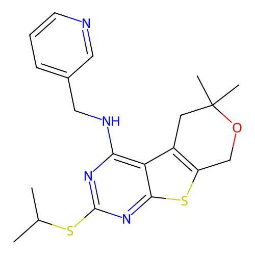 2-(isopropylthio)-6,6-dimethyl-N-(pyridin-3-ylmethyl)-6,8-dihydro-5H-pyrano[4',3':4,5]thieno[2,3-d]pyrimidin-4-amine structure