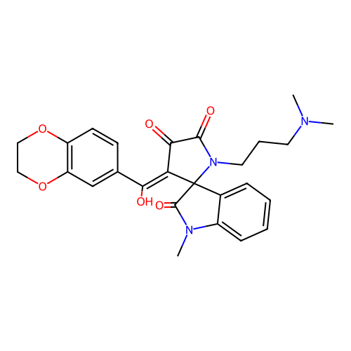 (4'E)-4'-[2,3-dihydro-1,4-benzodioxin-6-yl(hydroxy)methylidene]-1'-[3-(dimethylamino)propyl]-1-methylspiro[indole-3,5'-pyrrolidine]-2,2',3'-trione structure