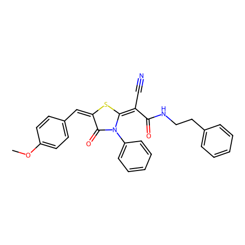 (2E)-2-cyano-2-[(5E)-5-(4-methoxybenzylidene)-4-oxo-3-phenyl-1,3-thiazolidin-2-ylidene]-N-(2-phenylethyl)ethanamide structure