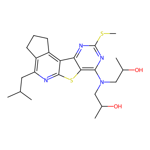 1,1'-((4-isobutyl-9-(methylthio)-2,3-dihydro-1H-cyclopenta[4',5']pyrido[3',2':4,5]thieno[3,2-d]pyrimidin-7-yl)azanediyl)bis(propan-2-ol) structure