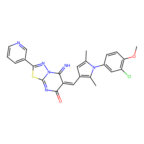 (E)-6-((1-(3-chloro-4-methoxyphenyl)-2,5-dimethyl-1H-pyrrol-3-yl)methylene)-5-imino-2-(pyridin-3-yl)-5H-[1,3,4]thiadiazolo[3,2-a]pyrimidin-7(6H)-one structure