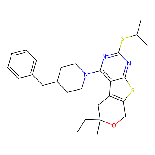 4-(4-benzylpiperidin-1-yl)-6-ethyl-6-methyl-2-(propan-2-ylsulfanyl)-5,8-dihydro-6H-pyrano[4',3':4,5]thieno[2,3-d]pyrimidine structure