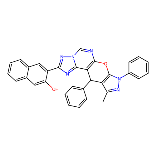 3-(10-methyl-8,11-diphenyl-8,11-dihydropyrazolo[4',3':5,6]pyrano[3,2-e][1,2,4]triazolo[1,5-c]pyrimidin-2-yl)naphthalen-2-ol structure