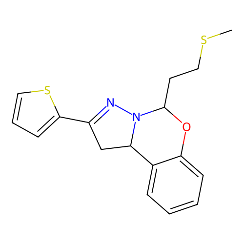 5-(2-(methylthio)ethyl)-2-(thiophen-2-yl)-5,10b-dihydro-1H-benzo[e]pyrazolo[1,5-c][1,3]oxazine structure