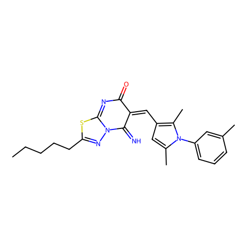 (6E)-6-[[2,5-dimethyl-1-(3-methylphenyl)pyrrol-3-yl]methylidene]-5-imino-2-pentyl-[1,3,4]thiadiazolo[3,2-a]pyrimidin-7-one structure