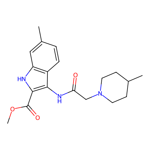 methyl 6-methyl-3-(2-(4-methylpiperidin-1-yl)acetamido)-1H-indole-2-carboxylate structure