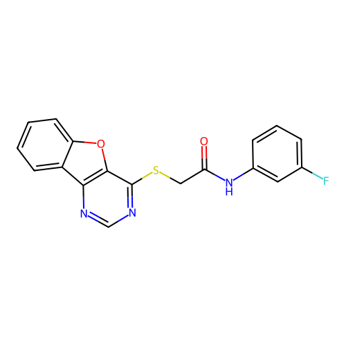 2-(benzofuro[3,2-d]pyrimidin-4-ylthio)-N-(3-fluorophenyl)acetamide structure
