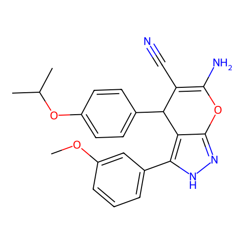 6-amino-3-(3-methoxyphenyl)-4-(4-propan-2-yloxyphenyl)-2,4-dihydropyrano[2,3-c]pyrazole-5-carbonitrile structure