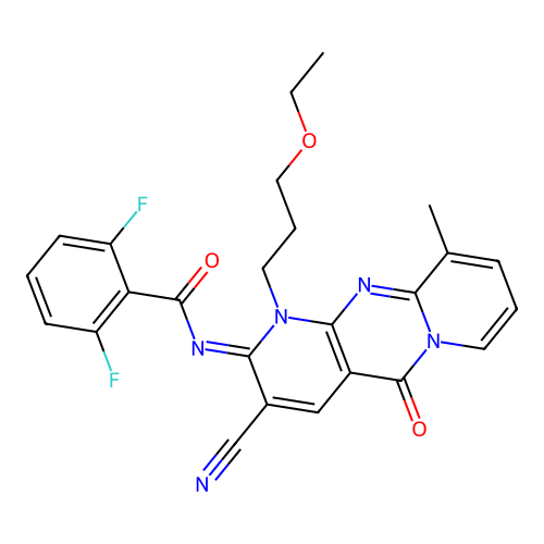 (E)-N-(3-cyano-1-(3-ethoxypropyl)-10-methyl-5-oxo-1H-dipyrido[1,2-a:2',3'-d]pyrimidin-2(5H)-ylidene)-2,6-difluorobenzamide structure