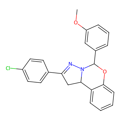 2-(4-chlorophenyl)-5-(3-methoxyphenyl)-1,10b-dihydropyrazolo[1,5-c][1,3]benzoxazine structure