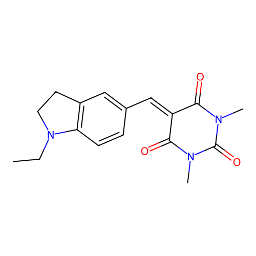 5-((1-ethylindolin-5-yl)methylene)-1,3-dimethylpyrimidine-2,4,6(1H,3H,5H)-trione structure