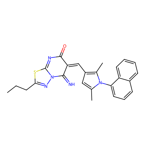 (6E)-6-[(2,5-dimethyl-1-naphthalen-1-ylpyrrol-3-yl)methylidene]-5-imino-2-propyl-[1,3,4]thiadiazolo[3,2-a]pyrimidin-7-one structure
