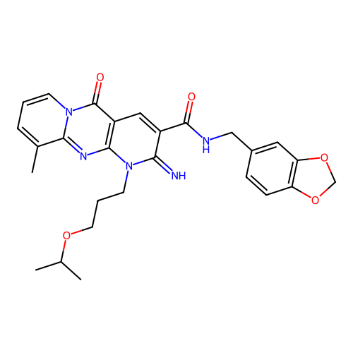 N-(1,3-benzodioxol-5-ylmethyl)-2-imino-10-methyl-5-oxo-1-[3-(propan-2-yloxy)propyl]-1,5-dihydro-2H-dipyrido[1,2-a:2',3'-d]pyrimidine-3-carboxamide structure