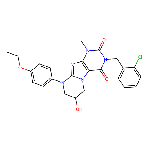3-(2-chlorobenzyl)-9-(4-ethoxyphenyl)-7-hydroxy-1-methyl-6,7,8,9-tetrahydropyrimido[2,1-f]purine-2,4(1H,3H)-dione structure