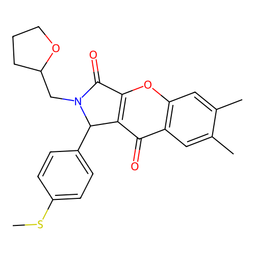 6,7-dimethyl-1-(4-(methylthio)phenyl)-2-((tetrahydrofuran-2-yl)methyl)-1,2-dihydrochromeno[2,3-c]pyrrole-3,9-dione structure
