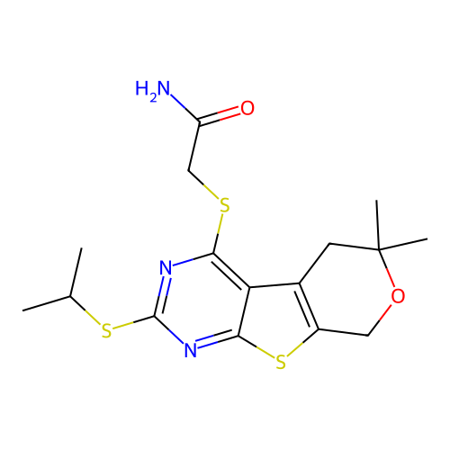2-((2-(isopropylthio)-6,6-dimethyl-6,8-dihydro-5H-pyrano[4',3':4,5]thieno[2,3-d]pyrimidin-4-yl)thio)acetamide structure