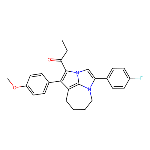 1-(4-(4-fluorophenyl)-1-(4-methoxyphenyl)-5,6,7,8-tetrahydro-2a,4a-diazacyclopenta[cd]azulen-2-yl)propan-1-one structure