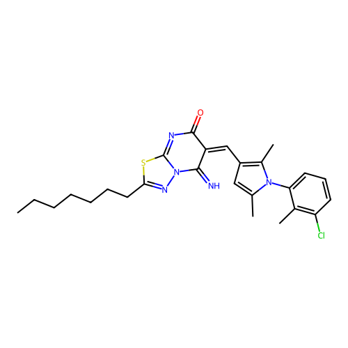 (6E)-6-[[1-(3-chloro-2-methylphenyl)-2,5-dimethylpyrrol-3-yl]methylidene]-2-heptyl-5-imino-[1,3,4]thiadiazolo[3,2-a]pyrimidin-7-one structure