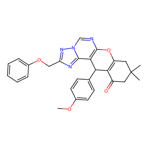 12-(4-methoxyphenyl)-9,9-dimethyl-2-(phenoxymethyl)-8,9,10,12-tetrahydro-11H-chromeno[3,2-e][1,2,4]triazolo[1,5-c]pyrimidin-11-one structure