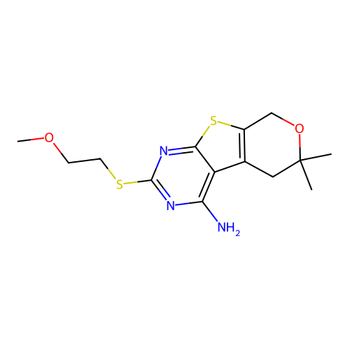 2-((2-methoxyethyl)thio)-6,6-dimethyl-6,8-dihydro-5H-pyrano[4',3':4,5]thieno[2,3-d]pyrimidin-4-amine structure