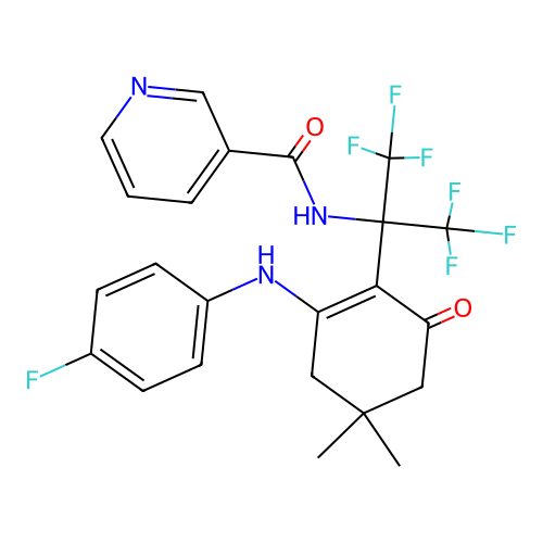 N-(1,1,1,3,3,3-hexafluoro-2-(2-((4-fluorophenyl)amino)-4,4-dimethyl-6-oxocyclohex-1-en-1-yl)propan-2-yl)nicotinamide structure