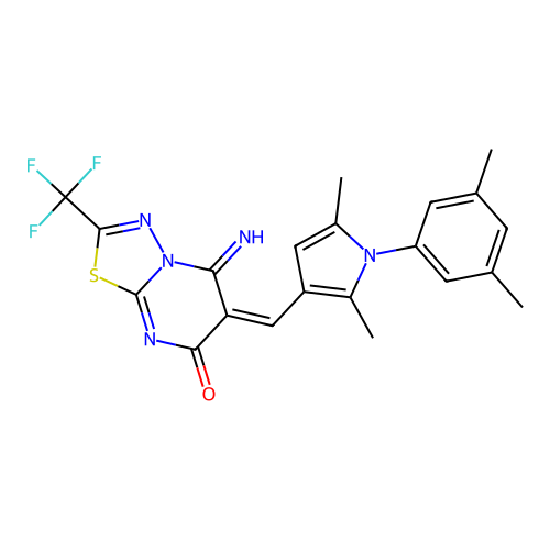 (E)-6-((1-(3,5-dimethylphenyl)-2,5-dimethyl-1H-pyrrol-3-yl)methylene)-5-imino-2-(trifluoromethyl)-5H-[1,3,4]thiadiazolo[3,2-a]pyrimidin-7(6H)-one structure