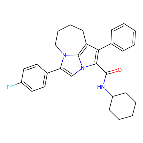 N-cyclohexyl-4-(4-fluorophenyl)-1-phenyl-5,6,7,8-tetrahydro-2a,4a-diazacyclopenta[cd]azulene-2-carboxamide structure