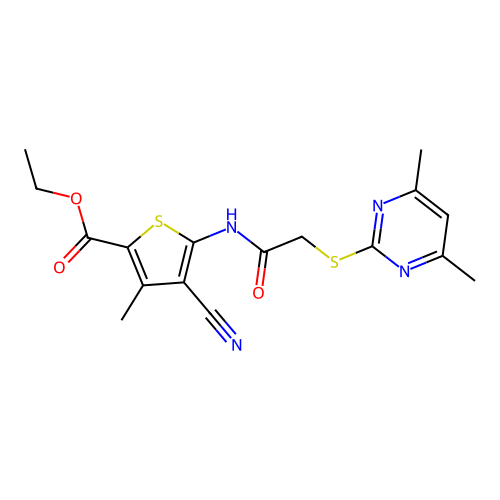 ethyl 4-cyano-5-[[2-(4,6-dimethylpyrimidin-2-yl)sulfanylacetyl]amino]-3-methylthiophene-2-carboxylate structure